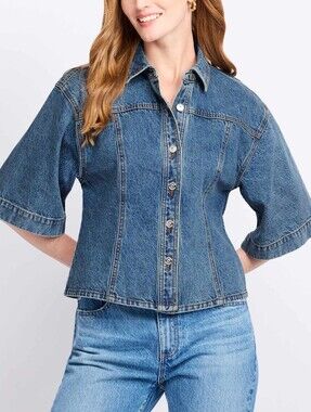 Steve Madden Savy Collared Elbow Sleeve Button Front Denim Top